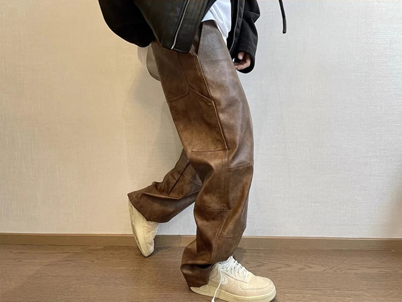 Mauroicardi Long Retro Distressed Pu Leather Wide Leg Pants