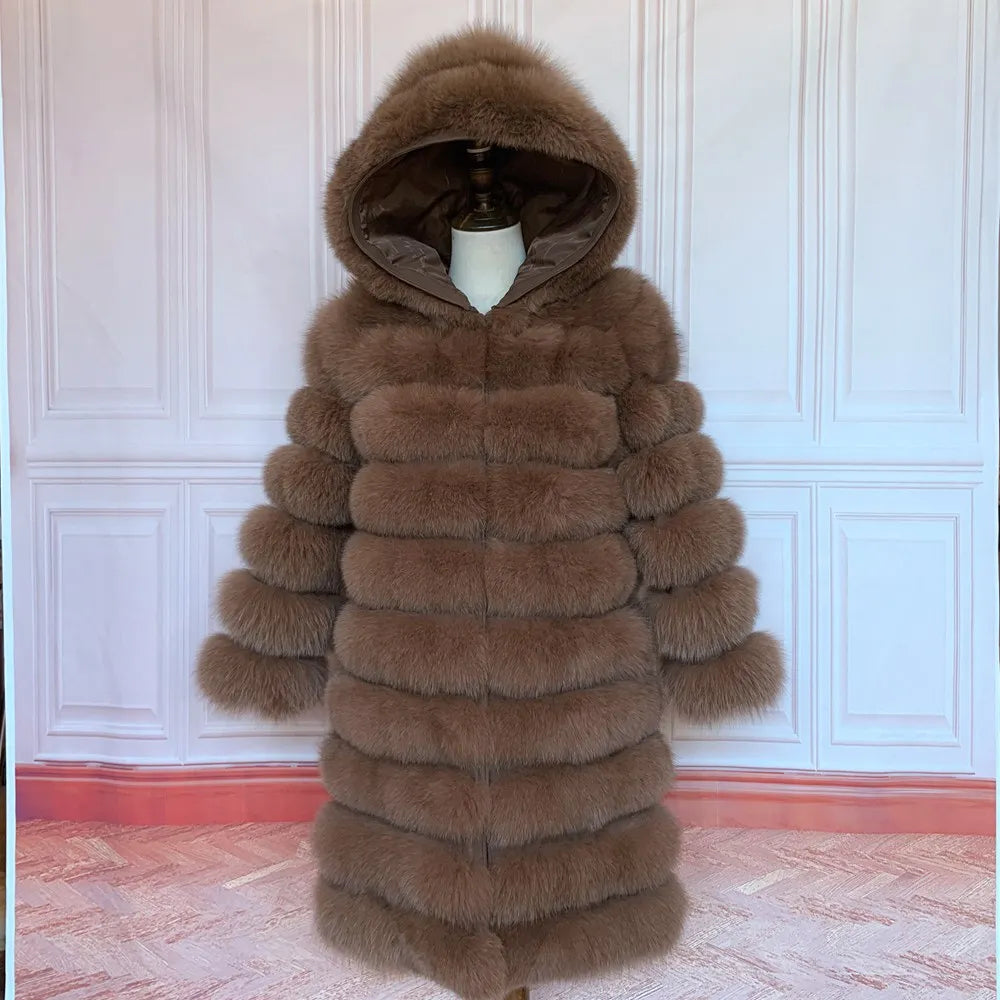QUEENTINA Hood Fur Coat Thigh Length