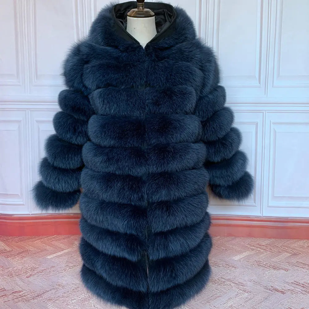QUEENTINA Hood Fur Coat Thigh Length