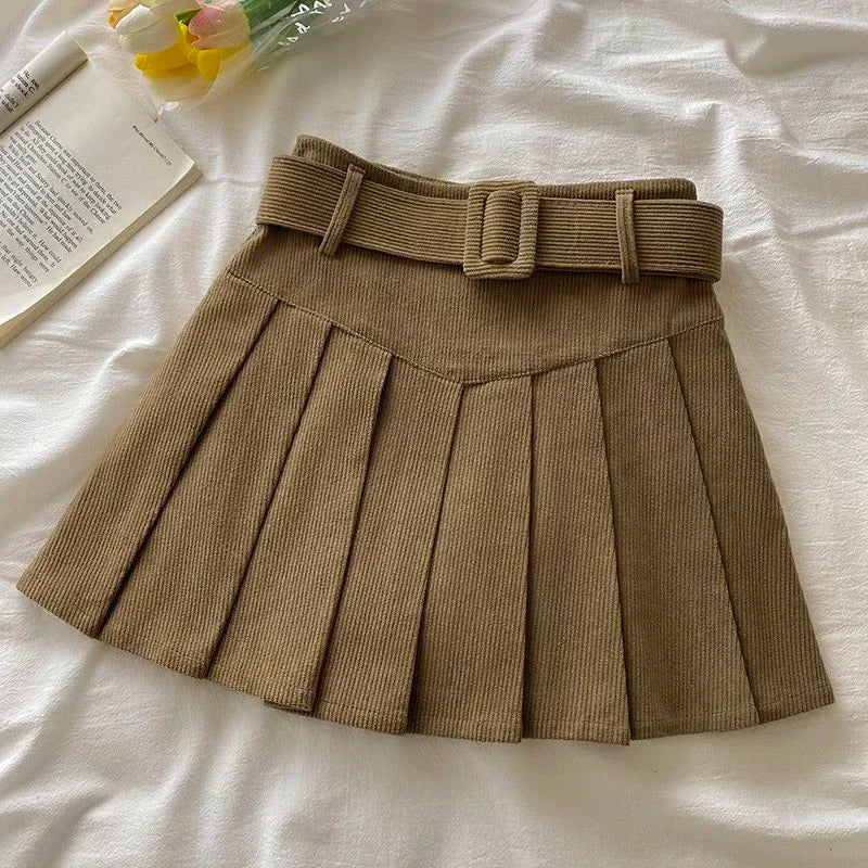 Cord Belted Pleated Skirt
