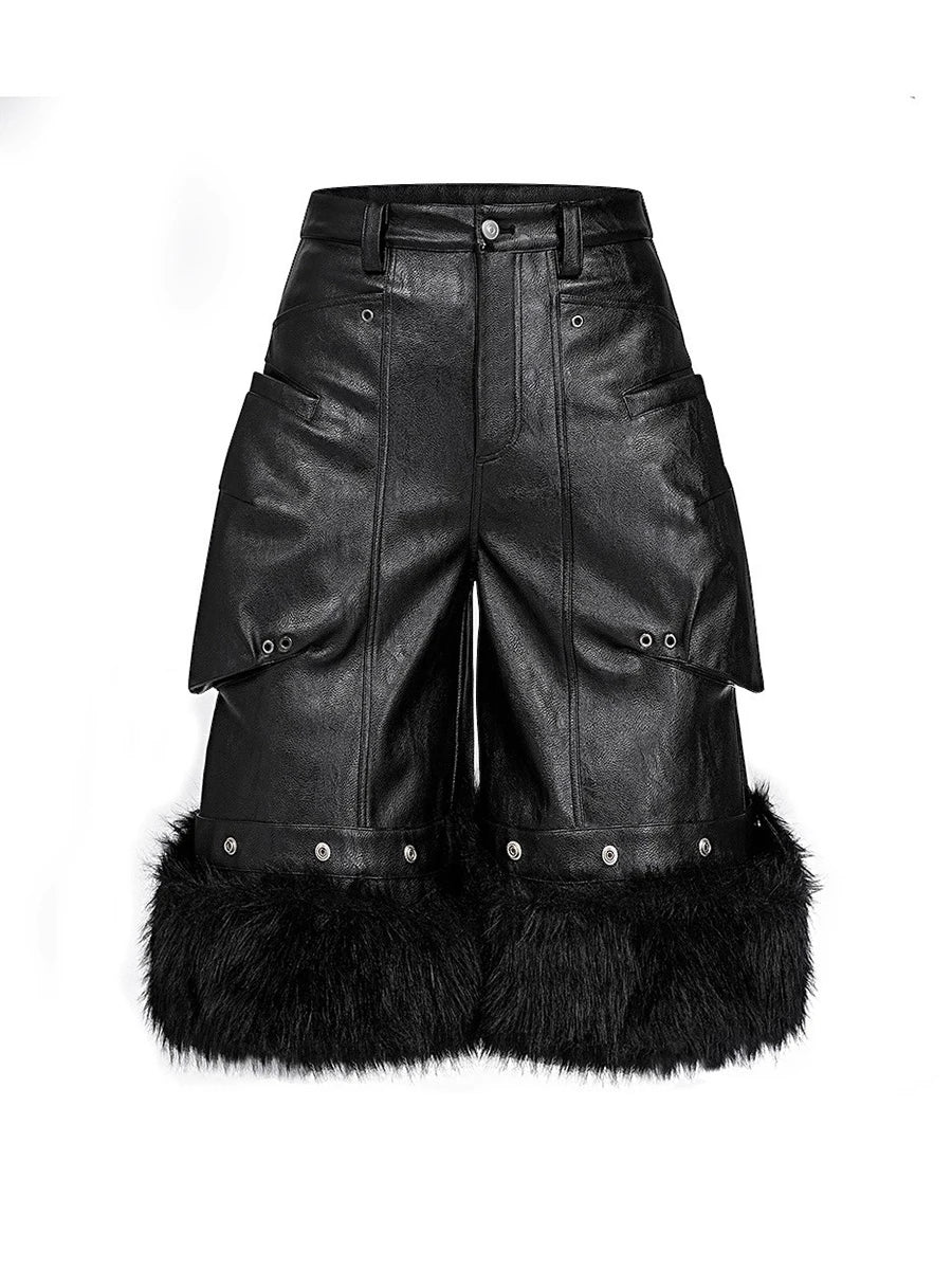 Mauroicardi Black Faux Fur Patchwork Pu Leather Short