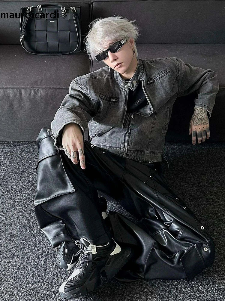 Mauroicardi Casual Black Shiny Pu Leather Pants