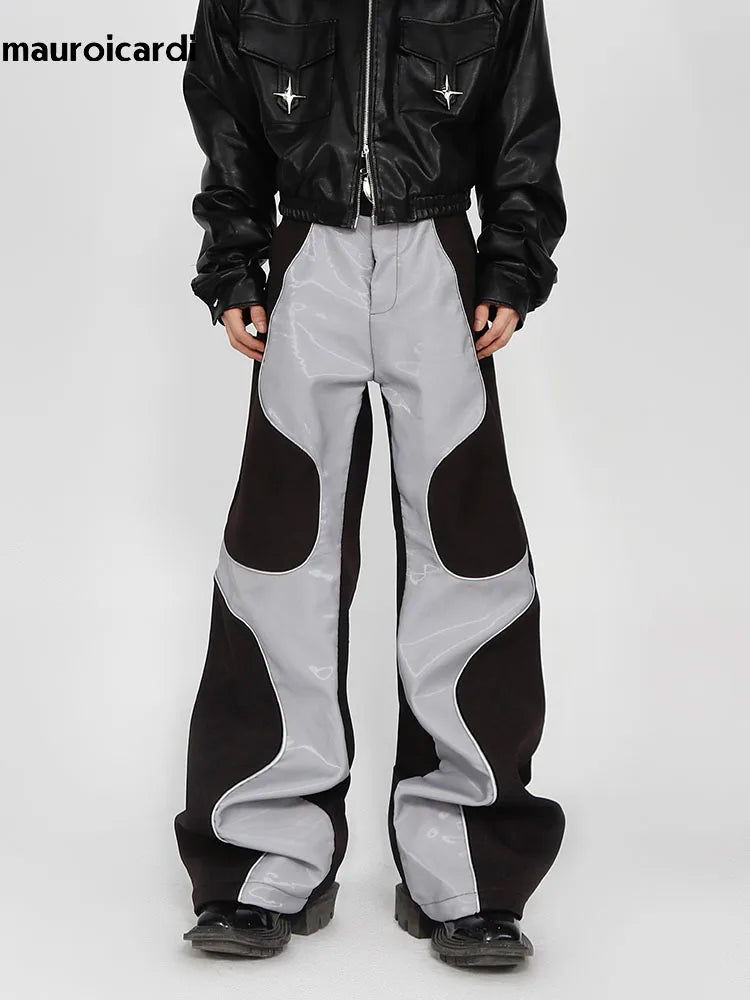 Mauroicardi Long Loose Casual Patchwork Pu Leather Pants
