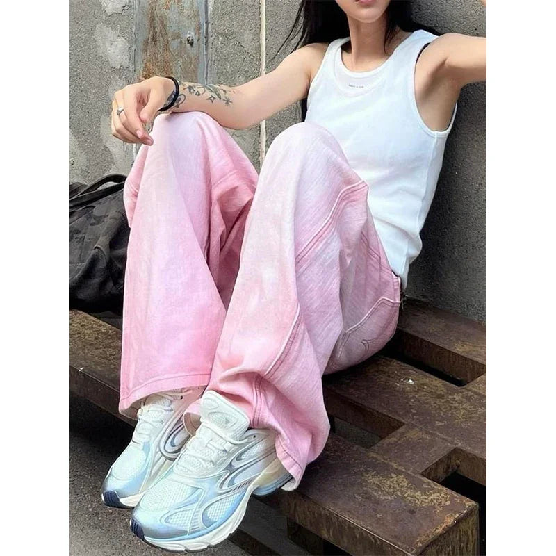 Pink Straight Baggy Stacked Jeans