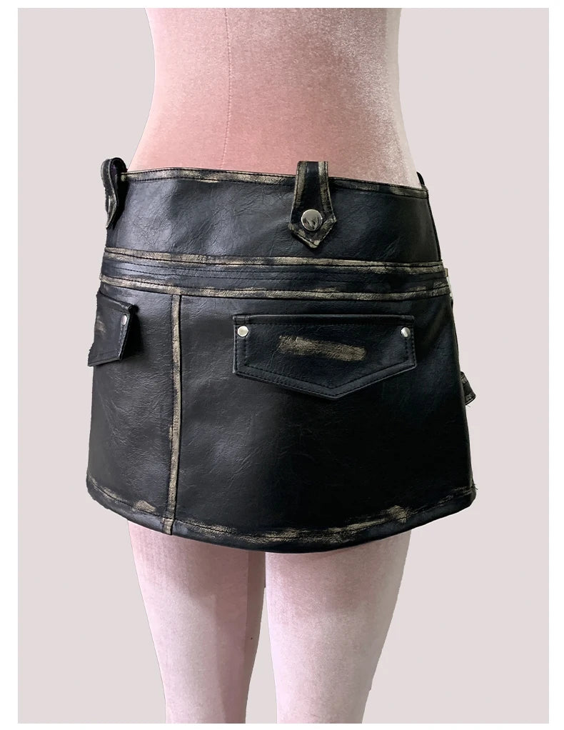 Mauroicardi Distressed Black Pu Leather Mini Asymmetrical Skirt
