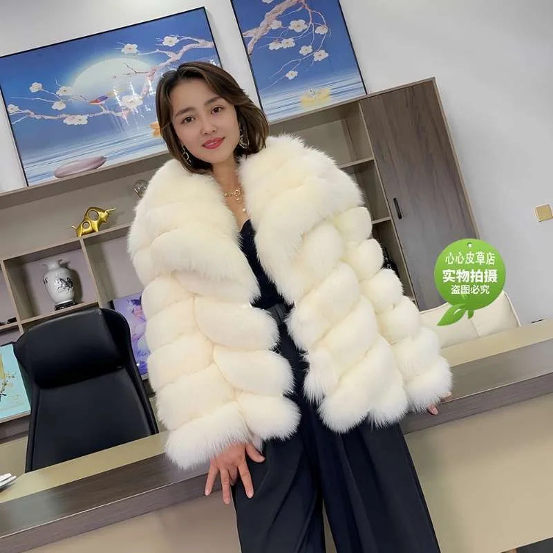 QUEENTINA Real Fox Fur Coat With Collar Overcoat