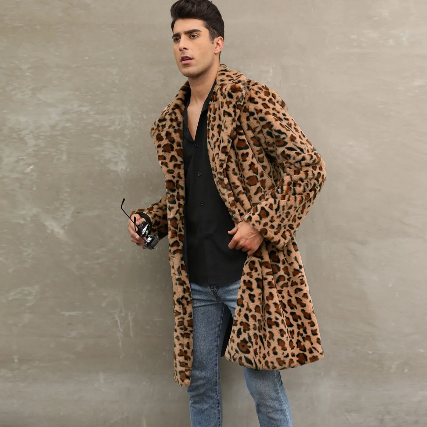 Men Faux Fur Thick Leopard Coat