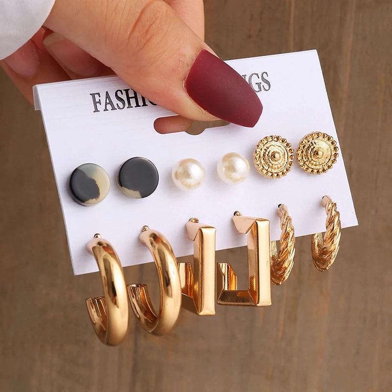 Gold Color Vintage Geometry Pearl Earrings Set