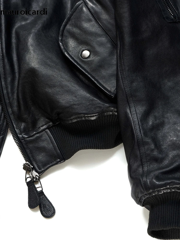 Mauroicardi Short Vintage Pu Leather Bomber Jacket