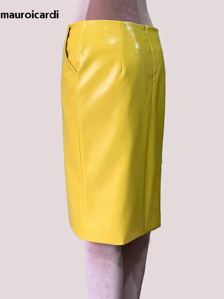 Mauroic  Shiny Reflective Bright Yellow Faux Leather Pencil Skirt