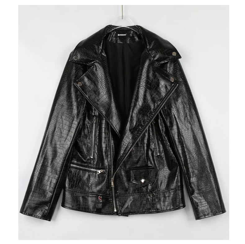 Mauroicardi Spring Red Crocodile Faux Leather Biker Jacket