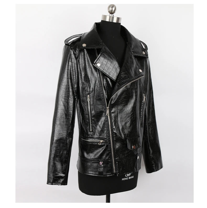 Mauroicardi Spring Red Crocodile Faux Leather Biker Jacket