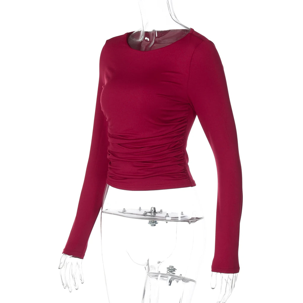 Dulzura O-Neck Long Sleeve Ruched Slim Fit T-Shirt