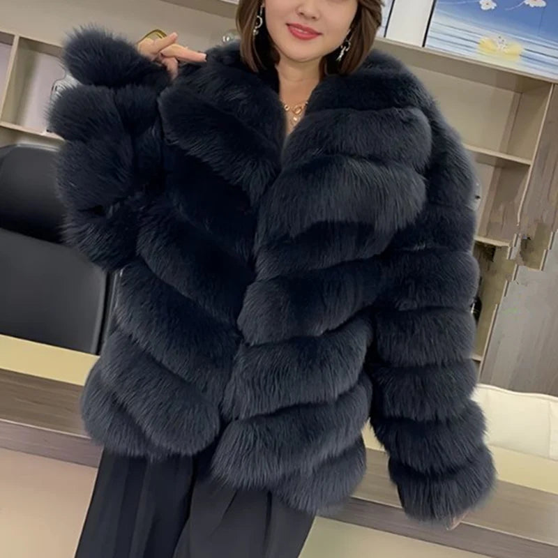 QUEENTINA Real Fox Fur Coat With Collar Overcoat