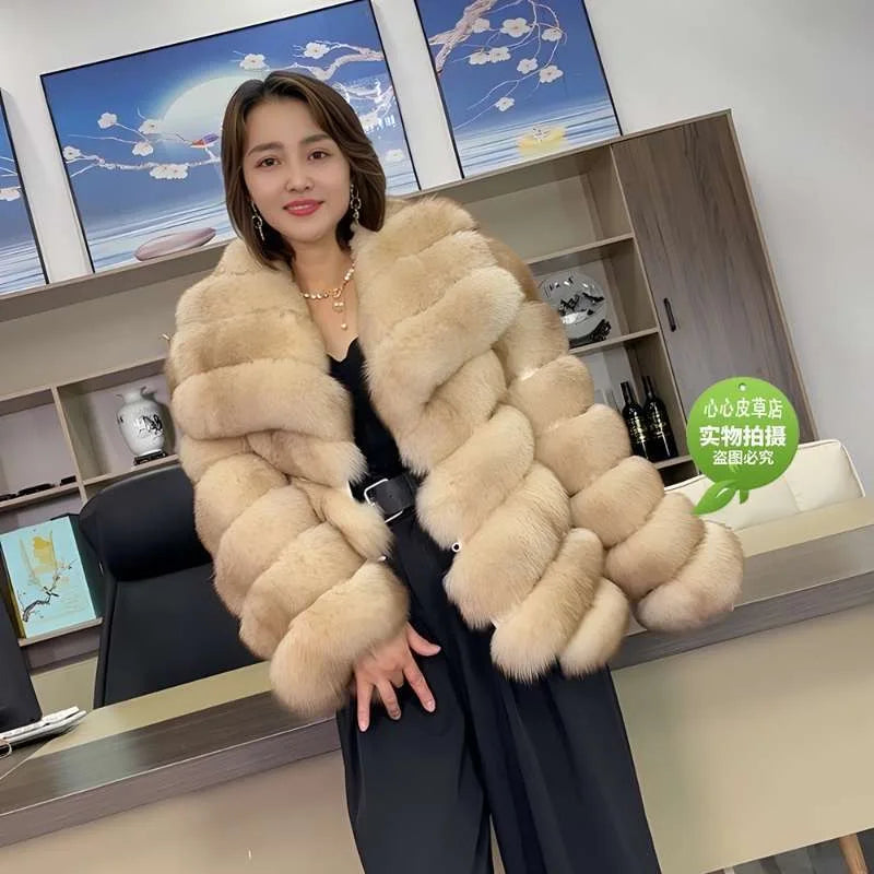 QUEENTINA Real Fox Fur Coat With Collar Overcoat