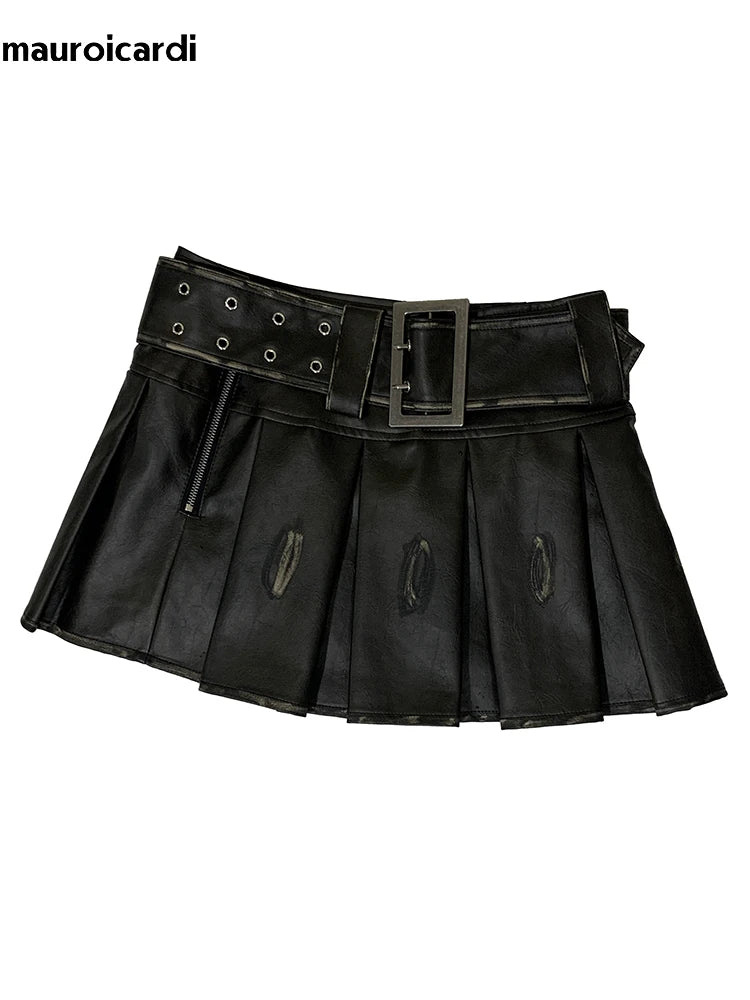 Lautaro  Distressed Brown Pu Leather Mini Pleated Skirt