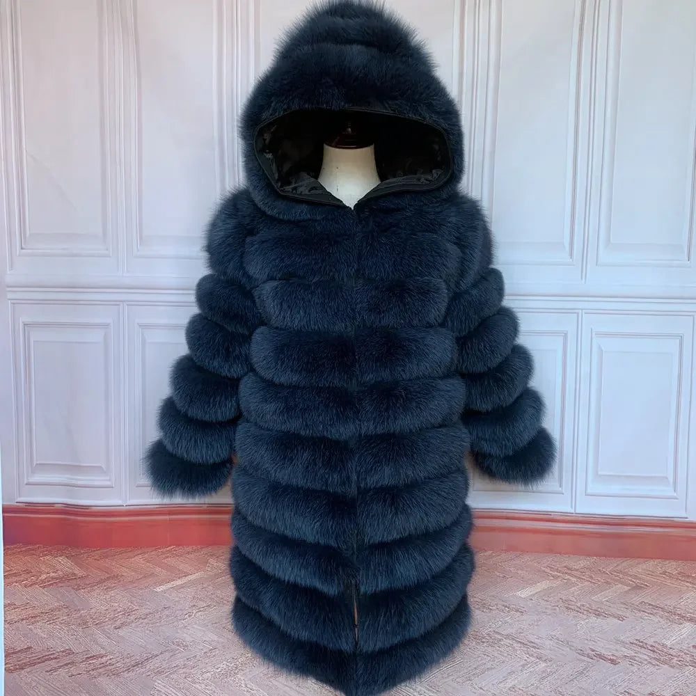 QUEENTINA Hood Fur Coat Thigh Length