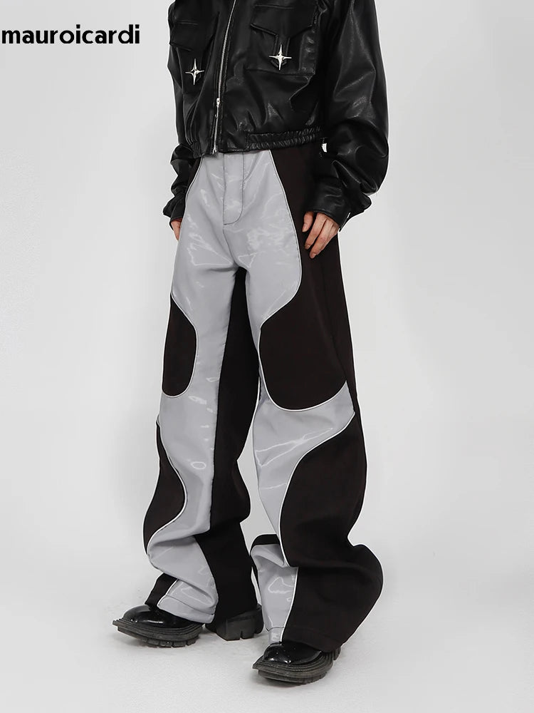 Mauroicardi Long Loose Casual Patchwork Pu Leather Pants