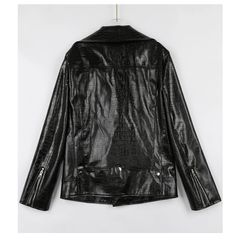 Mauroicardi Spring Red Crocodile Faux Leather Biker Jacket