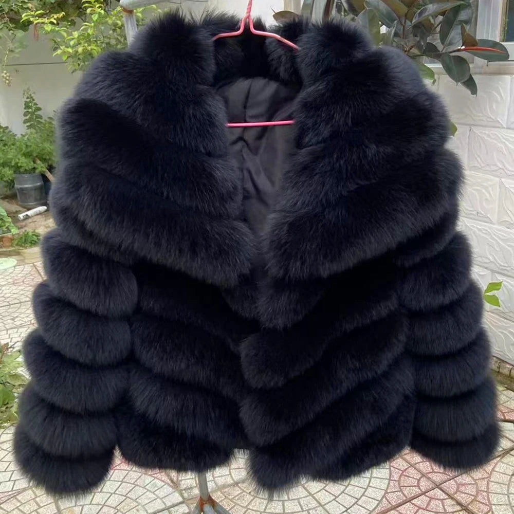 QUEENTINA Real Fox Fur Coat With Collar Overcoat