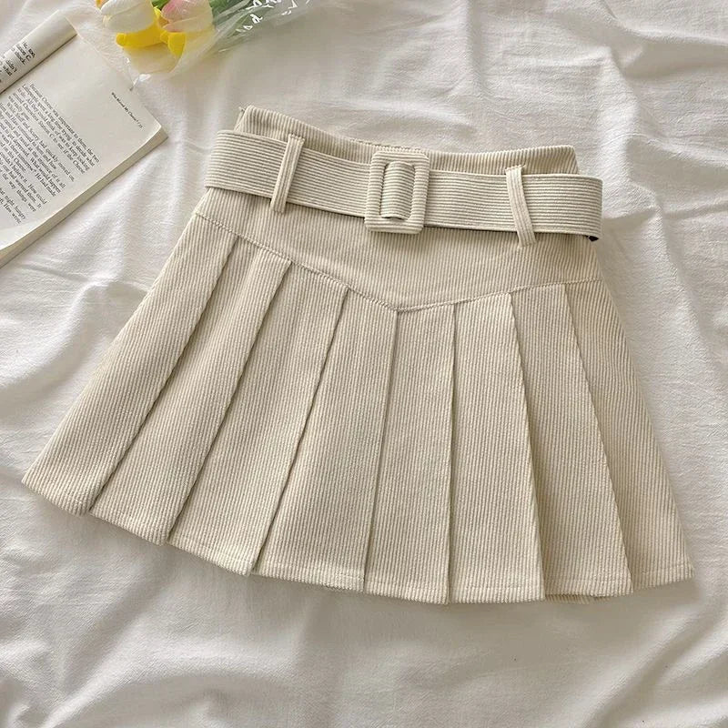 Cord Belted Pleated Skirt