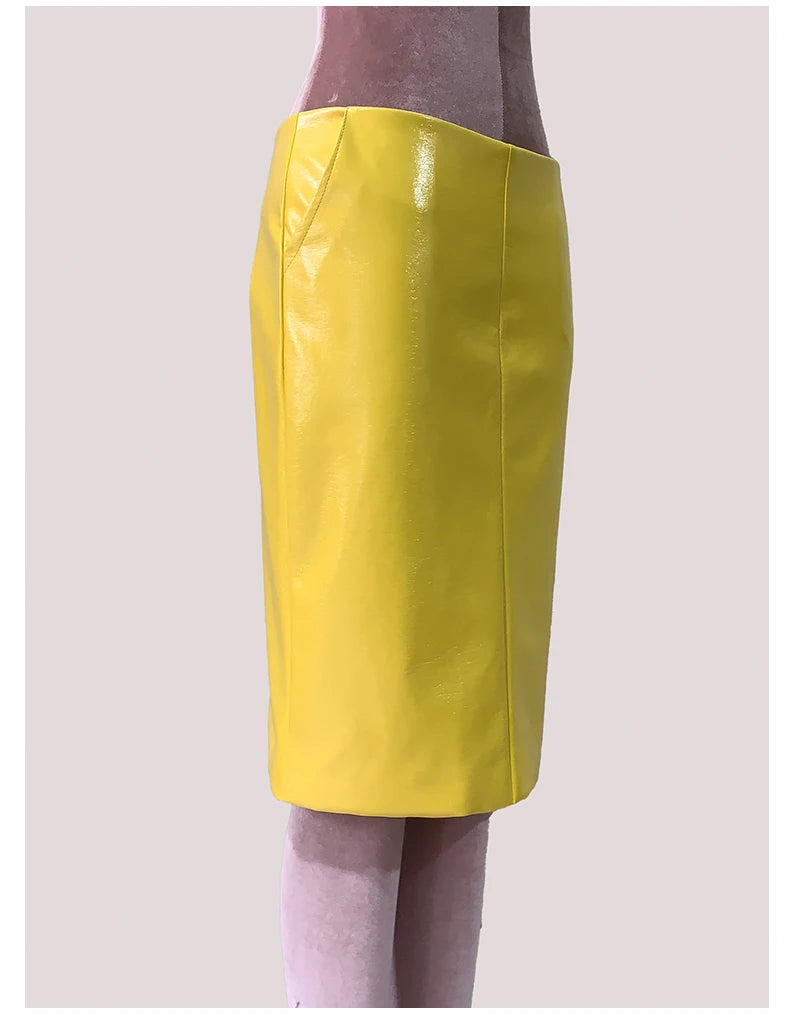 Mauroic  Shiny Reflective Bright Yellow Faux Leather Pencil Skirt