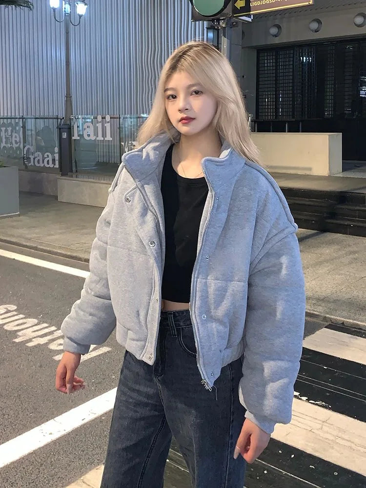 Korean Style Gray Cotton Puffer Coat
