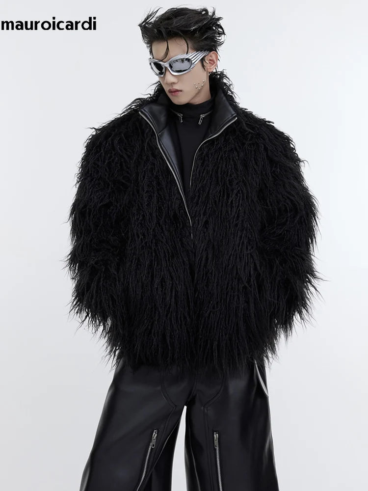 Mauroicardi Winter Shaggy Faux Mongolian Fur Coat