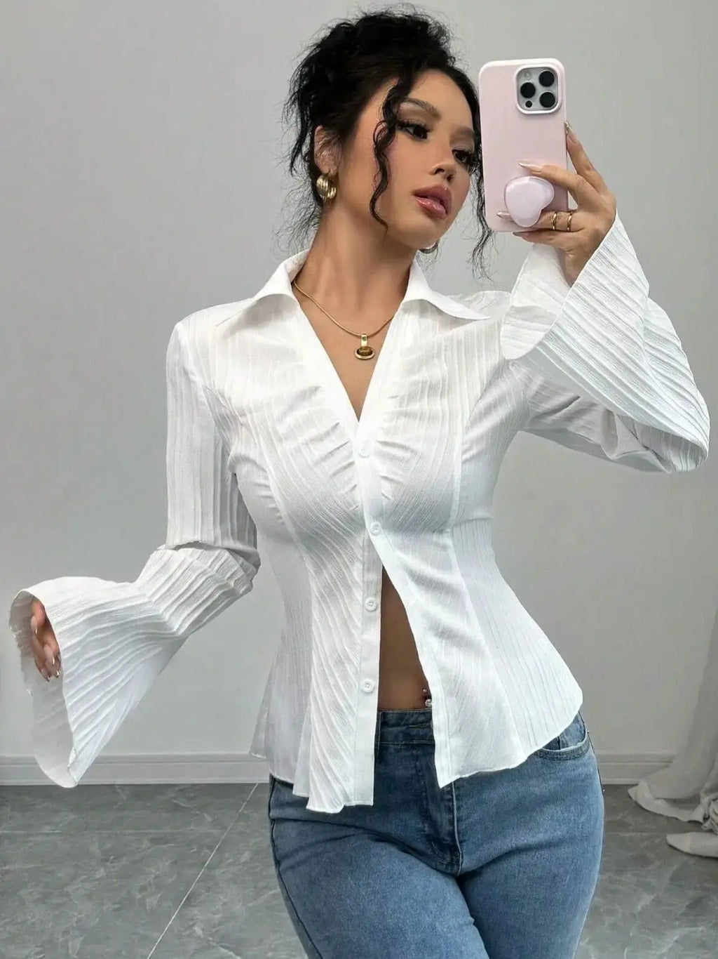 Slim-Fit V-Neck Bell-Sleeve Shirt