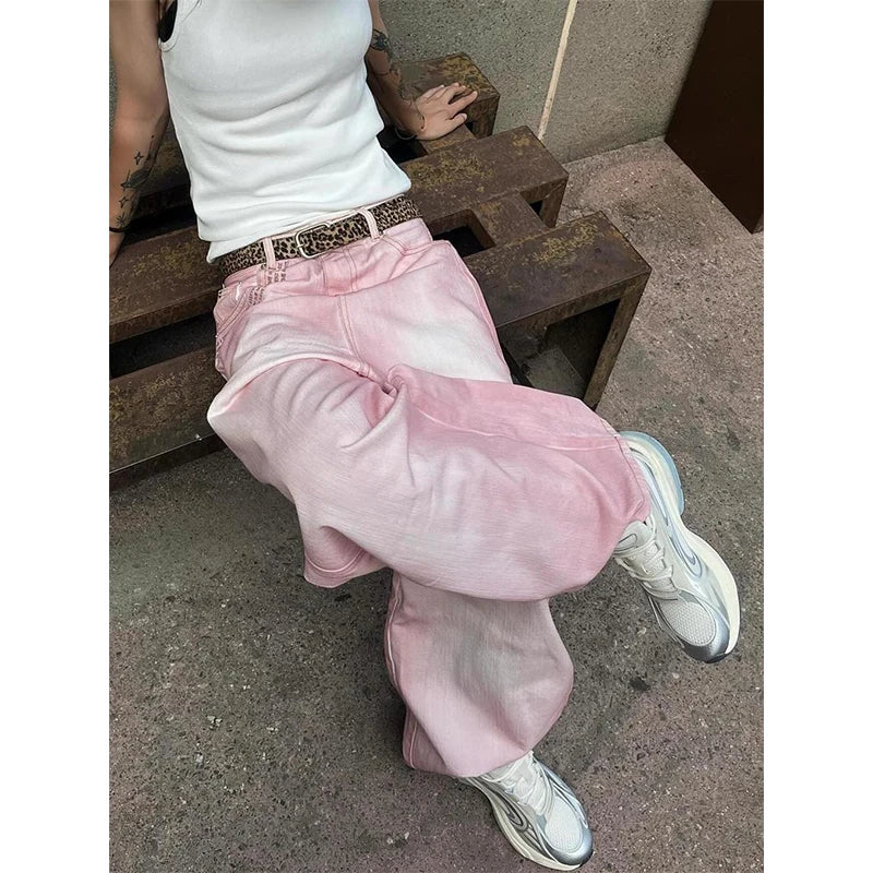 Pink Straight Baggy Stacked Jeans