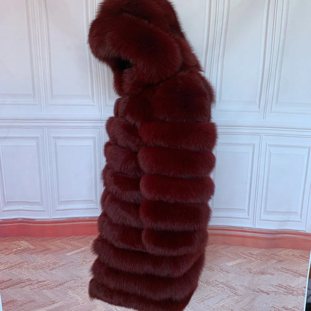 QUEENTINA Hood Fur Coat Thigh Length