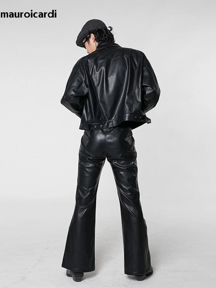 Mauroicardi Long Black Soft Pu Leather Flare Pants
