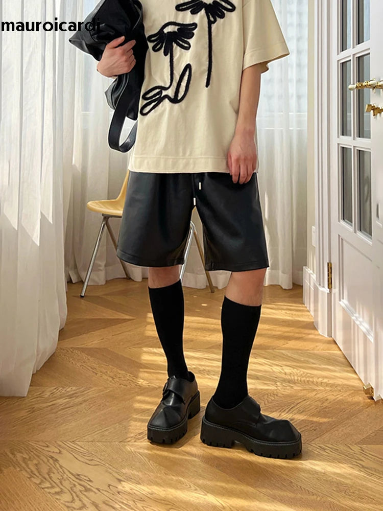 Mauroicardi  Black Pu Leather Straight Shorts