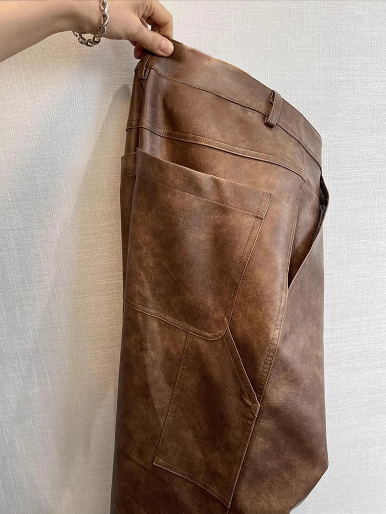 Mauroicardi Long Retro Distressed Pu Leather Wide Leg Pants