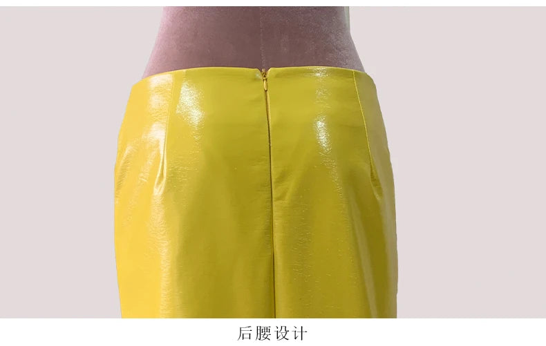 Mauroic  Shiny Reflective Bright Yellow Faux Leather Pencil Skirt