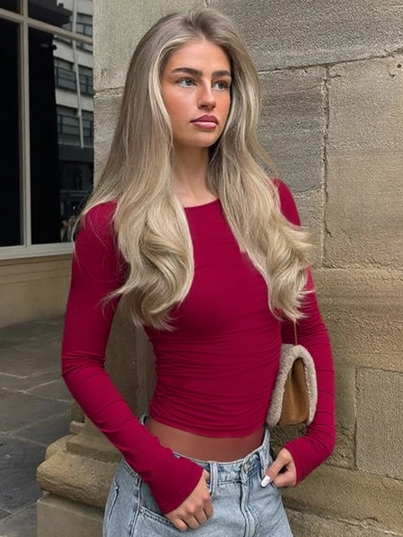 Dulzura O-Neck Long Sleeve Ruched Slim Fit T-Shirt