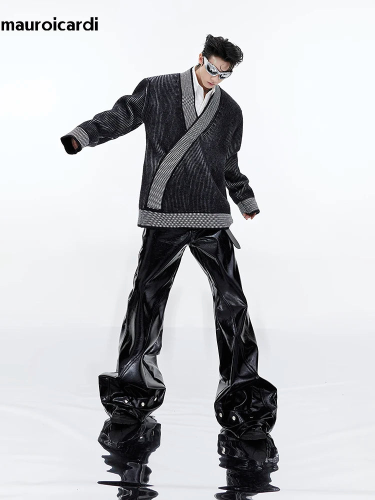 Mauroicardi Black Shiny Reflective Pu Leather Flare Pants