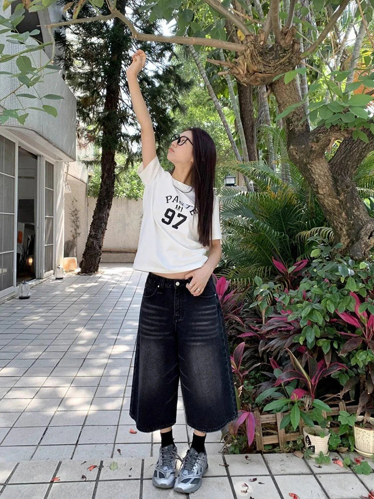 High Waist Black Retro Washed Denim Jorts