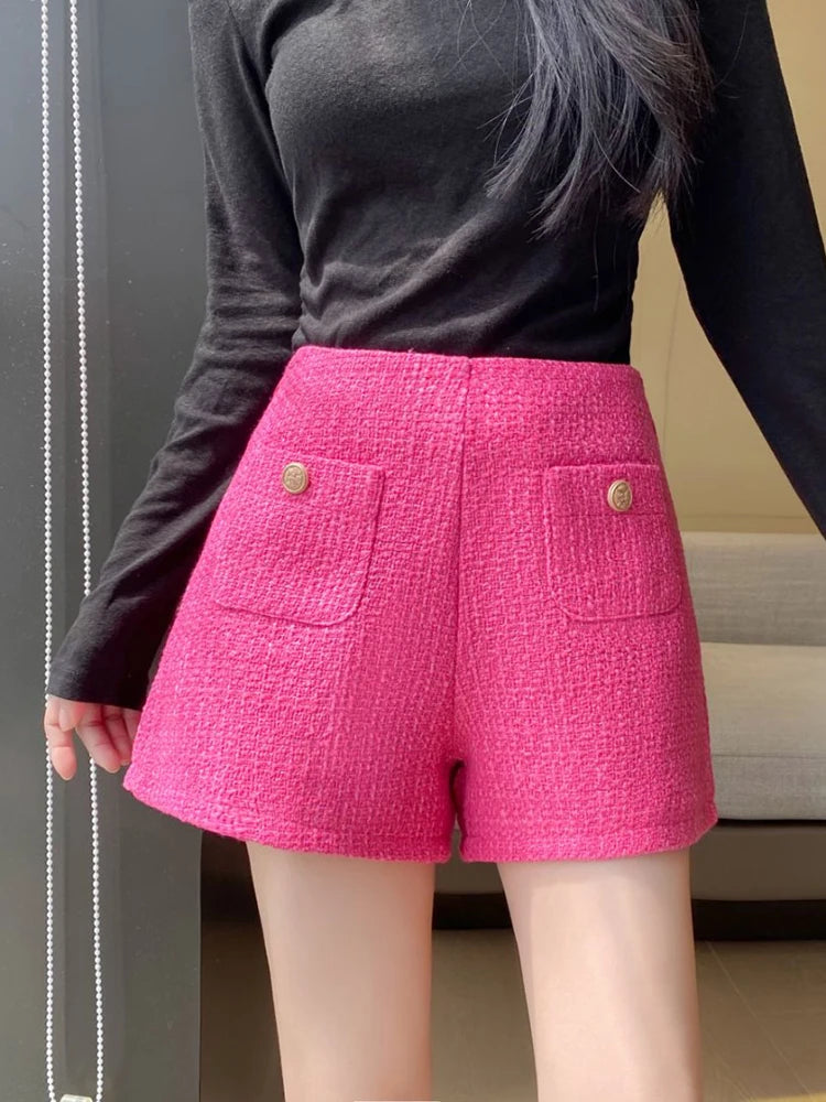High Waisted White Chic Tweed Woolen Shorts