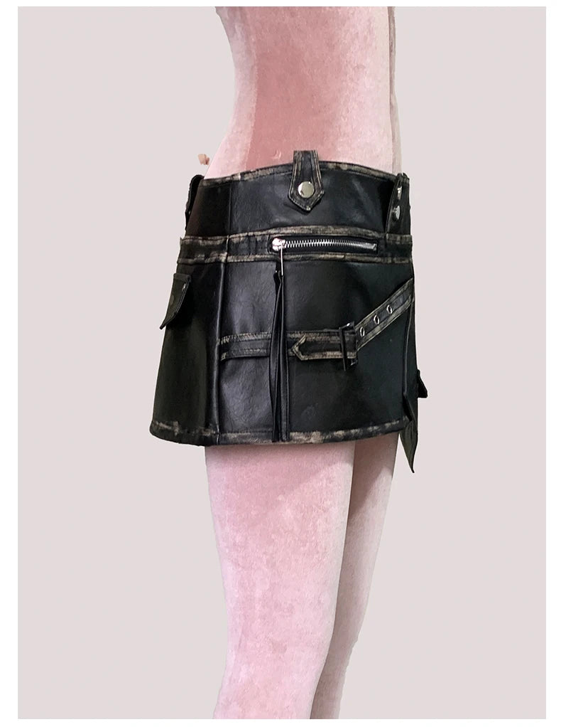 Mauroicardi Distressed Black Pu Leather Mini Asymmetrical Skirt