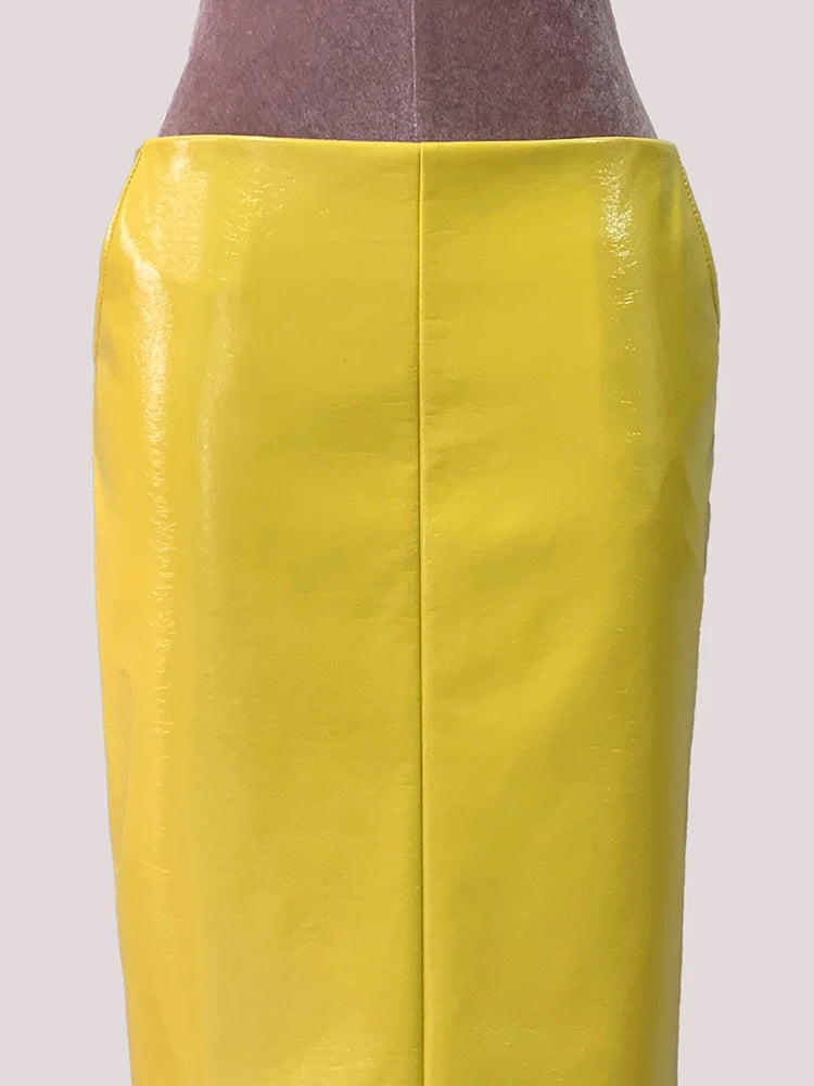 Mauroic  Shiny Reflective Bright Yellow Faux Leather Pencil Skirt
