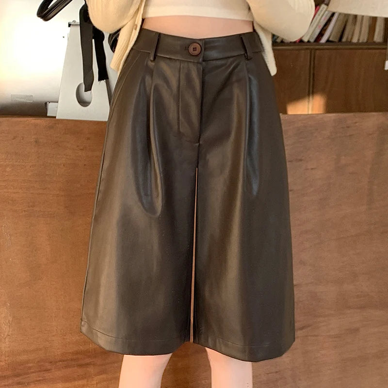 Vintage Black PU Leather Wide Leg Half Pants