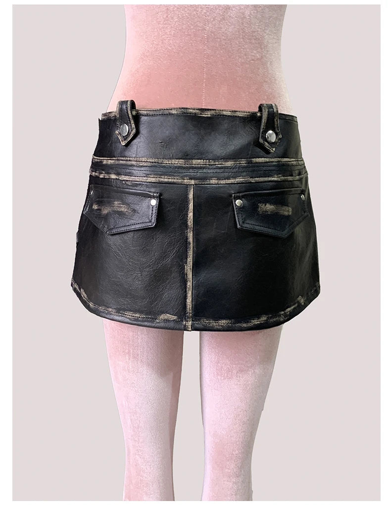 Mauroicardi Distressed Black Pu Leather Mini Asymmetrical Skirt