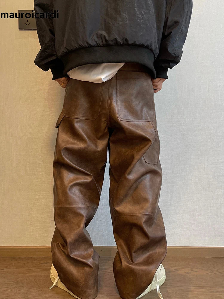 Mauroicardi Long Retro Distressed Pu Leather Wide Leg Pants