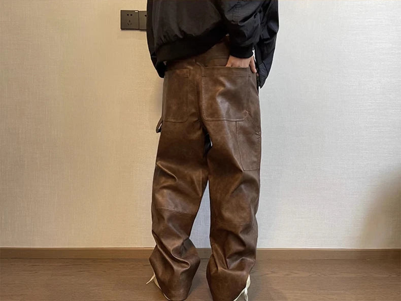 Mauroicardi Long Retro Distressed Pu Leather Wide Leg Pants