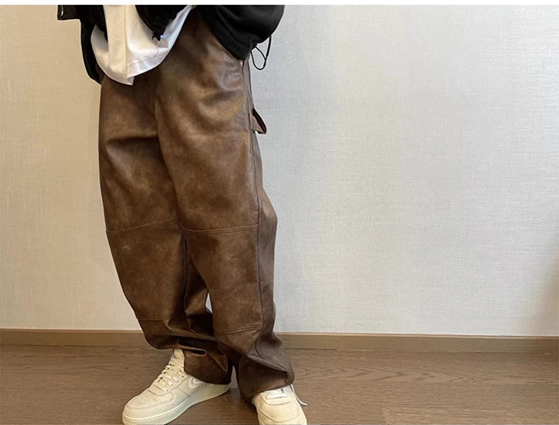 Mauroicardi Long Retro Distressed Pu Leather Wide Leg Pants