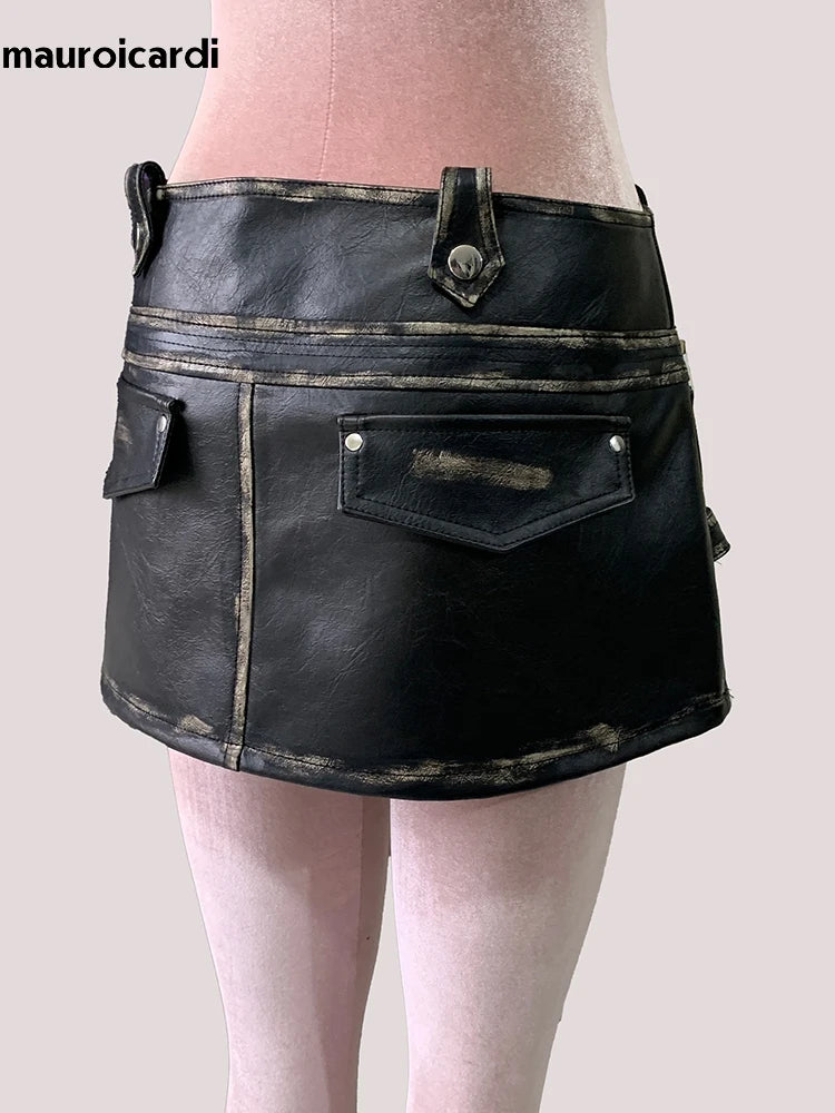 Mauroicardi Distressed Black Pu Leather Mini Asymmetrical Skirt