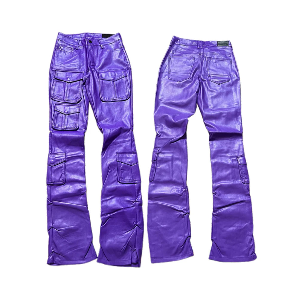 Mauroicard Long Fitted Purple Pu Leather Cargo Pants