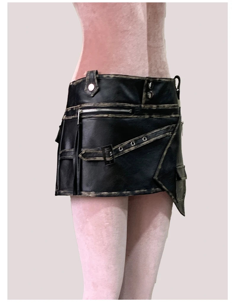 Mauroicardi Distressed Black Pu Leather Mini Asymmetrical Skirt