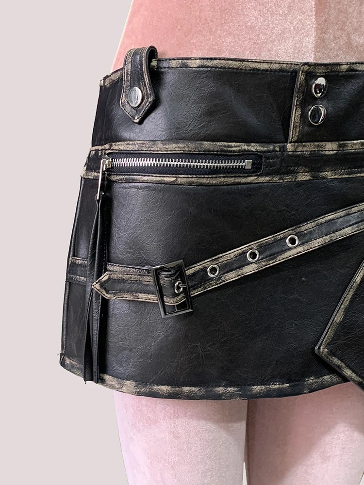 Mauroicardi Distressed Black Pu Leather Mini Asymmetrical Skirt